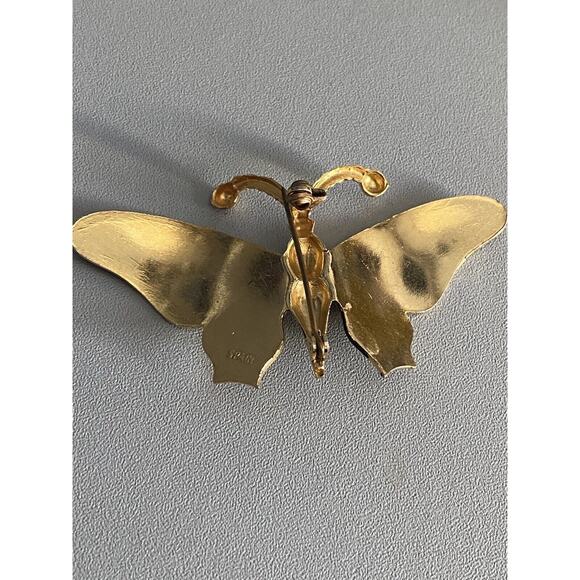 Spain Damascene Butterfly Brooch Signed Gold Tone Yellow Enamel Pin Red Head - Picture 8 of 11